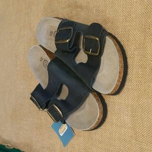 Ciabatta's Women's Sueded Leather Cork Foot bed Slide Sandals Sz 8, Black/Tan